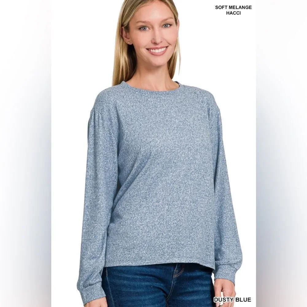 Zenana Outfitters Soft Melange Hacci Long Sleeve Top in navy ht2391y